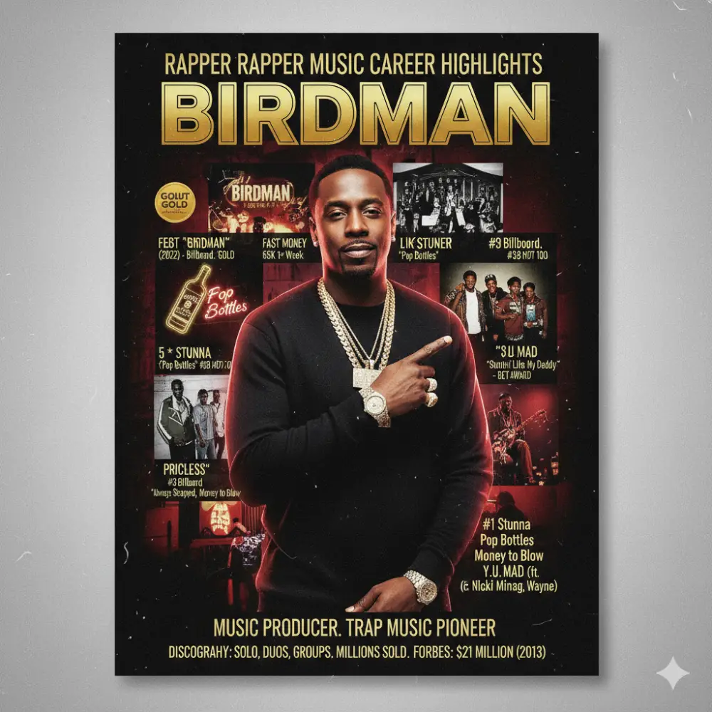 Birdman Rapper career highlights poster: gold albums, Billboard hits, major collaborations, millions sold. A music producer and trap pioneer.