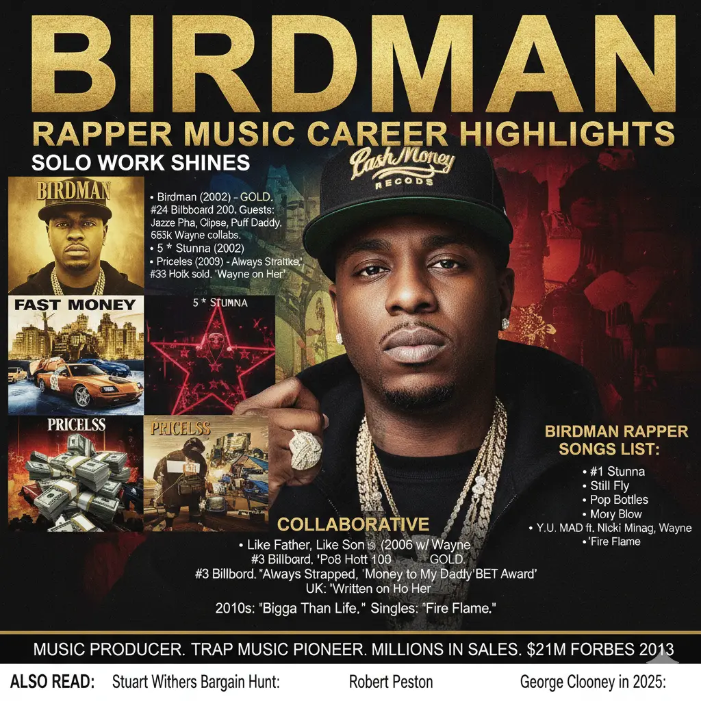 Birdman Rapper Music Career Highlights: See the discography, hit songs like "Pop Bottles," and major collaborations that cemented Birdman's legacy as a platinum-selling rapper and Cash Money Records co-founder.