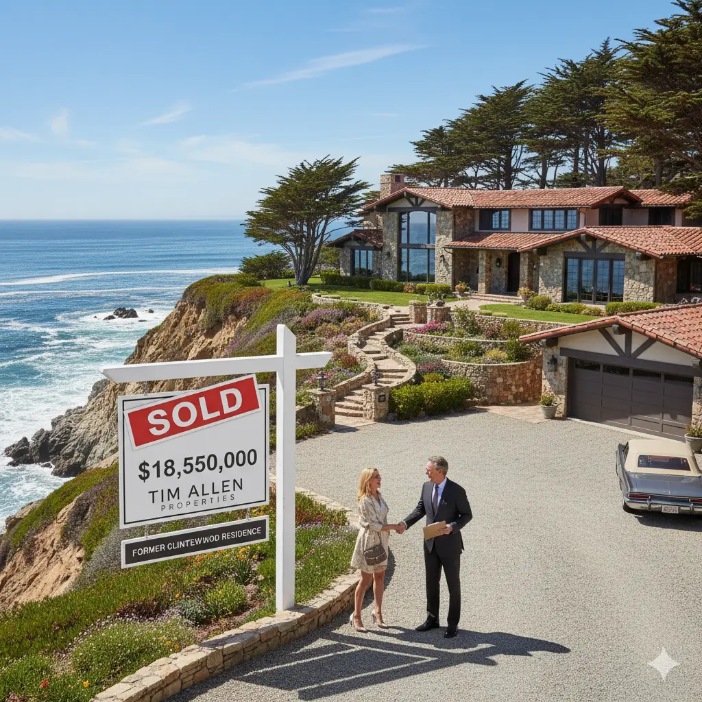 This image shows the stunning coastal property in Carmel that was formerly Clint Eastwood's residence, which recently sold for $18.55 million. A real estate agent from Tim Allen Properties is shaking hands with the new owner in front of the sold sign and the luxurious stone house overlooking the Pacific Ocean.
