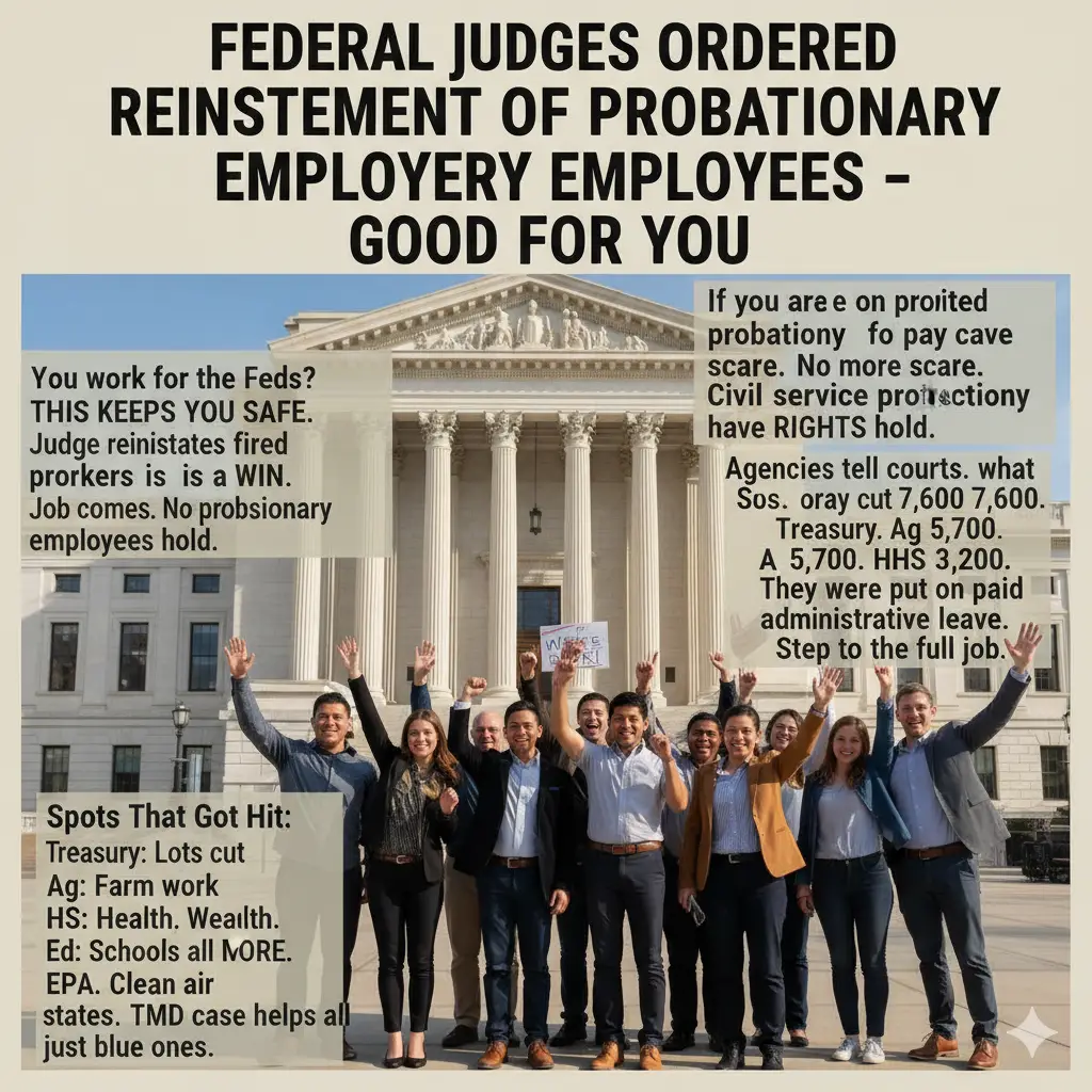 Federal judges ordered the reinstatement of probationary employees fired by the Trump administration, affirming civil service protections and job security. The ruling affects workers across agencies like Treasury, Agriculture (Ag), HHS, Ed, and EPA, ensuring back pay and a step toward full employment. This Maryland case sets a nationwide precedent for all federal probationary staff.