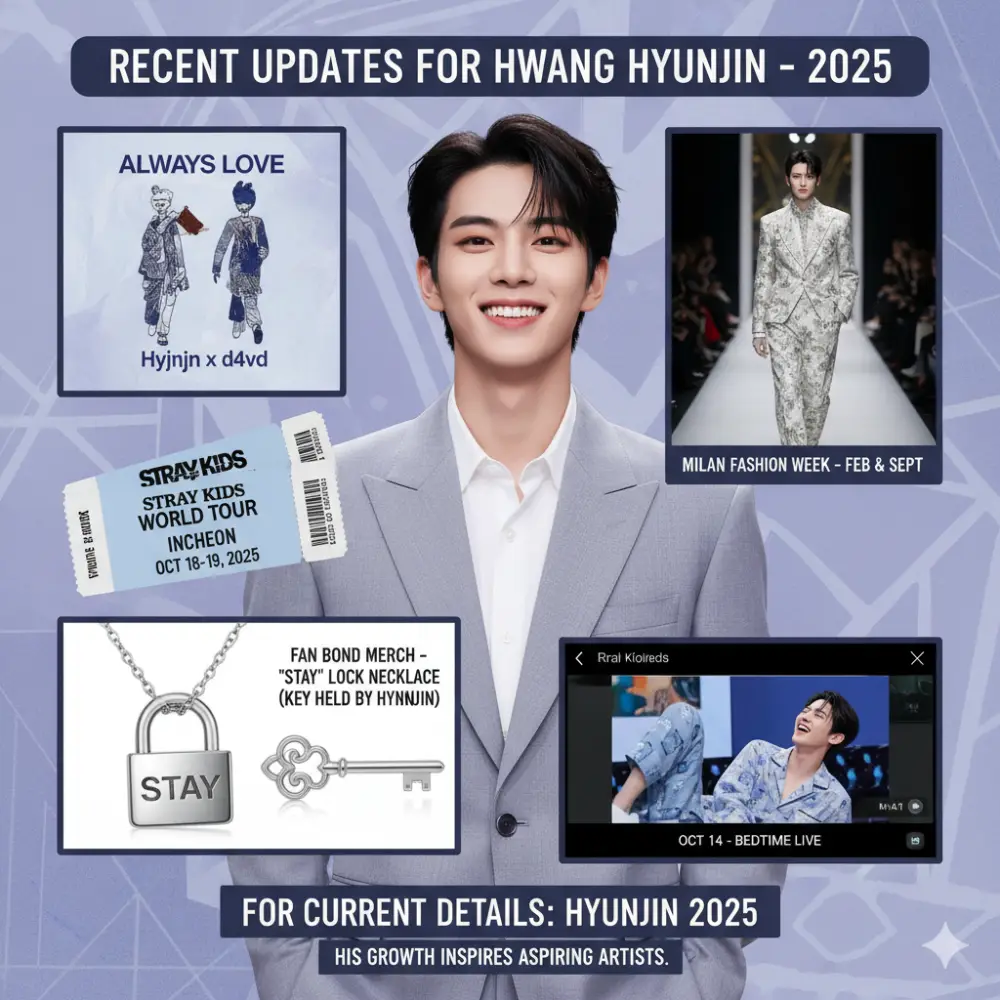 Stay updated with Hwang Hyunjin's 2025 activities! Discover his 'Always Love' collaboration, Milan Fashion Week appearances, Stray Kids' Incheon tour dates, exclusive 'Stay' lock necklace merch, and fun fan lives. Follow Hyunjin's inspiring journey.
