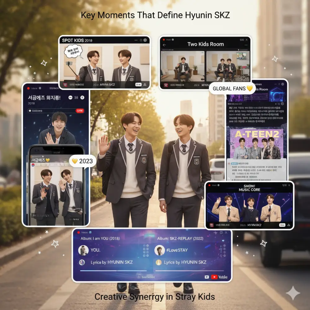 Explore the key moments defining Hyunin SKZ's journey, from their fun school commutes and 'Two Kids Room' series to captivating live broadcasts and songwriting credits. Discover their creative synergy and enduring appeal in Stray Kids!