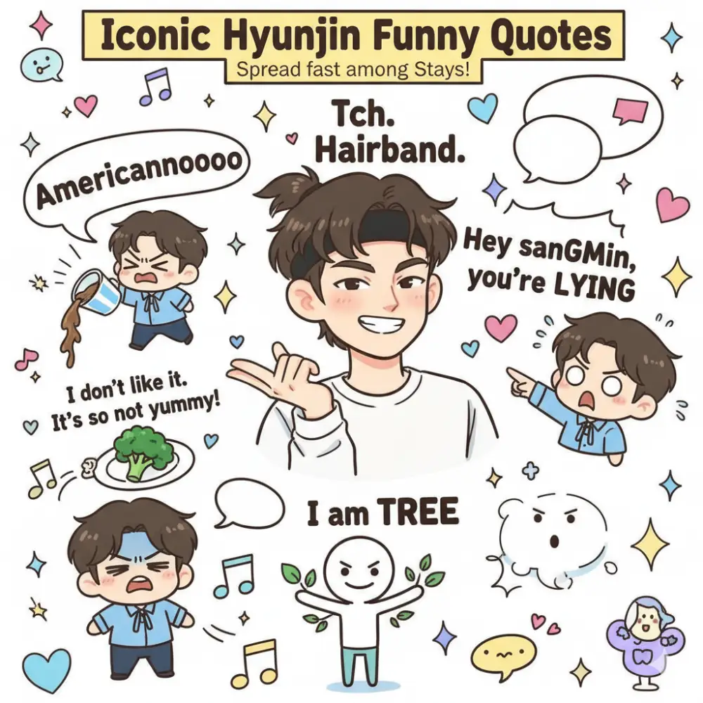 Discover Hyunjin's most iconic and hilarious quotes like "Americannnoooo," "Your behavior is so ugh!", & "I am TREE"! Relive Stray Kids' funny moments from variety shows, interviews, and lives that Stays repeat daily. Find out why these viral memes are boosting community fun and where to find more laughs!