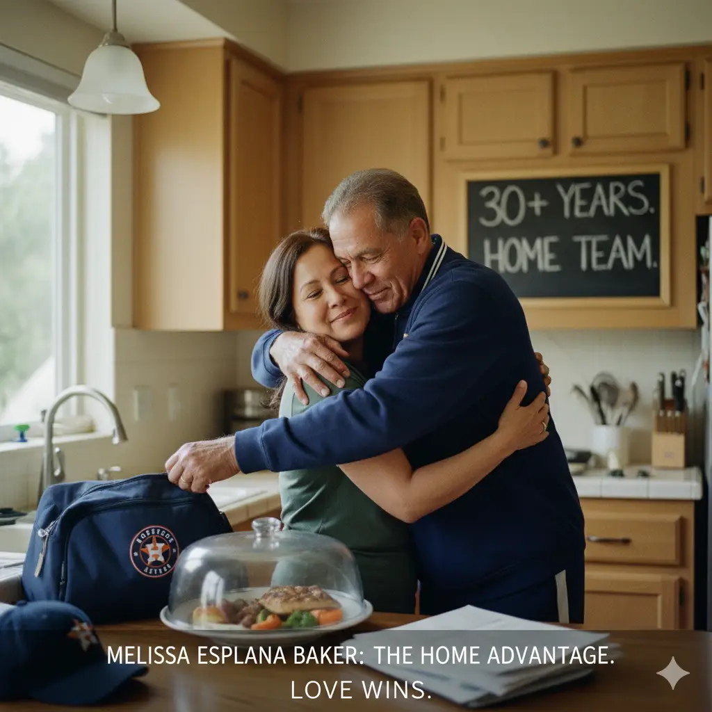 Melissa Esplana Baker and her husband, manager Dusty Baker, share a loving embrace in their kitchen. A bag with a team logo and a packed meal are visible, symbolizing her 30+ years of support as his "home team" advantage. The image highlights the theme: Love Wins.