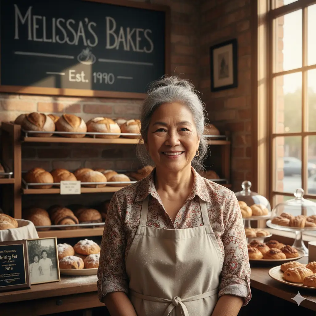 Melissa Esplana, a smiling, older woman with grey hair, standing proudly in her sunlit bakery, Melissa's Bakes. The background features rustic brick walls, wooden shelves filled with fresh loaves of bread, and a chalkboard sign reading "Melissa's Bakes Est. 1990." She is wearing an apron and her shop is filled with baked goods, reflecting her Filipino-American heritage and dedication to her craft in San Francisco.
