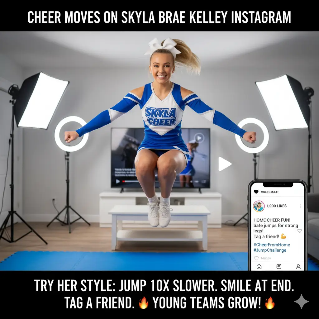 🤸‍♀️ Image Meta Description: Cheer Moves on Instagram
Skyla Brae Kelley shows safe cheer jumps for home practice on her viral Instagram Reels. Featuring tips like jumping 10x slower, smiling, and tagging friends, this image highlights her popular content that helps young teams grow. Perfect for cheerleaders looking for at-home fun and strong legs!