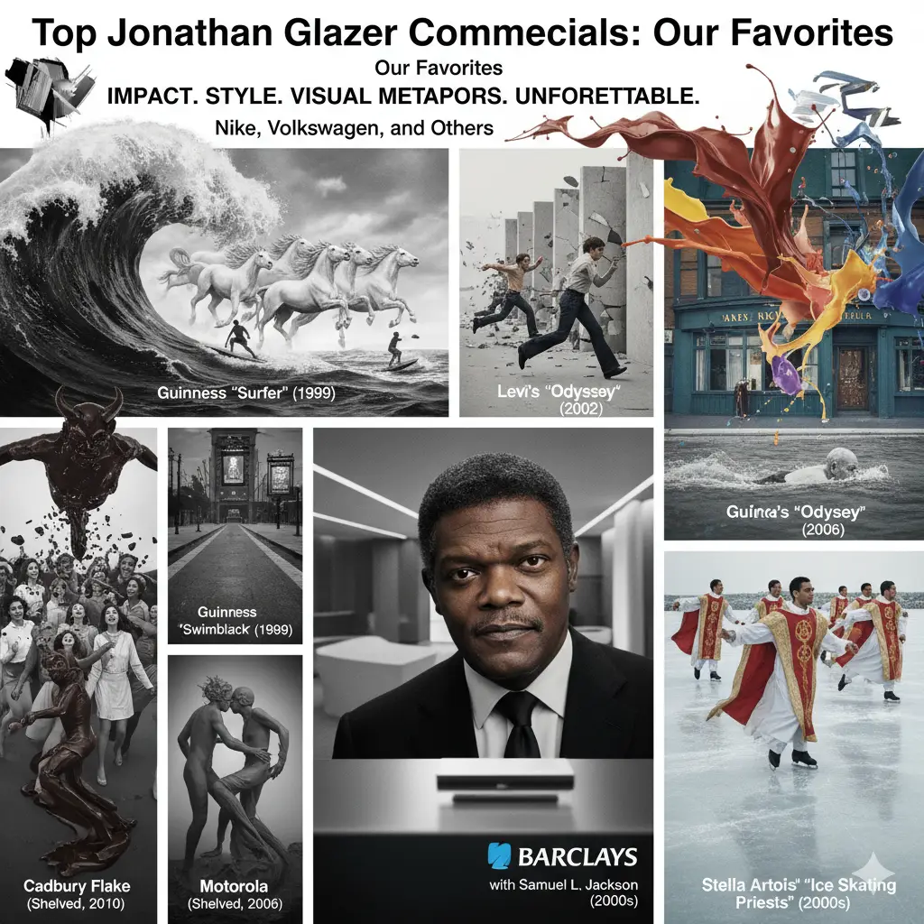 A collage showcasing key visuals from Jonathan Glazer's famous commercials. The top section features a title 'Top Jonathan Glazer Commercials: Our Favorites' with text below: 'IMPACT. STYLE. VISUAL METAPHORS. UNFORGETTABLE. Nike, Volkswagen, and Others'. Below this, several square and rectangular frames display scenes from his commercials:
Guinness 'Surfer' (1999): A dramatic black-and-white image of surfers in a powerful ocean, with a giant wave transforming into a group of white horses.
Levi’s 'Odyssey' (2002): Two people mid-stride, seemingly running through crumbling walls in a dynamic, dream-like sequence.
Sony 'Paint' (2006): A colorful explosion of vibrant paint splattering across the facade of a building.
Cadbury Flake (Shelved, 2010): A surreal black-and-white scene with a devil-like figure throwing chocolate down onto a crowd of joyful women, with another stylized figure in the foreground.
Guinness 'Swimblack' (1999): A stark black-and-white image showing a lone figure swimming towards a distant building, possibly a pub.
Samuel L. Jackson for Barclays (2000s): A close-up portrait of Samuel L. Jackson in a suit, looking directly at the viewer, with the Barclays logo below him.
Motorola (Shelved, 2006): A dark, artistic image of two figures appearing to merge or separate, resembling clay or liquid.
Stella Artois 'Ice Skating Priests' (2000s): A whimsical scene of several priests in traditional robes gracefully ice skating on a frozen surface.
The overall image captures the diverse, visually striking, and often surreal aesthetic characteristic of Glazer's commercial work."