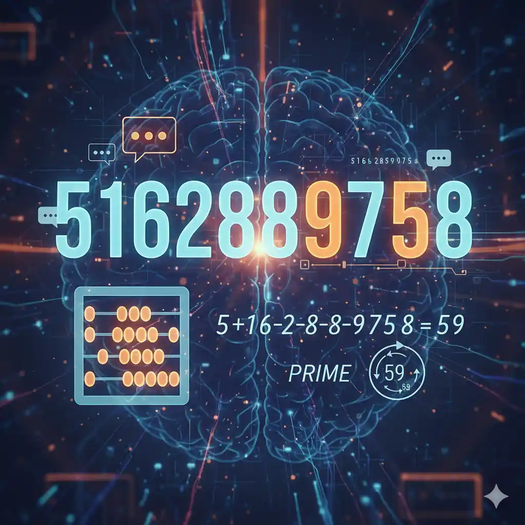 Explore the unique characteristics of the phone number 5162889758, highlighted by its digit patterns, sum (59), and prime nature, illustrated with an engaging visual. Discover how our brains find meaning in numbers.