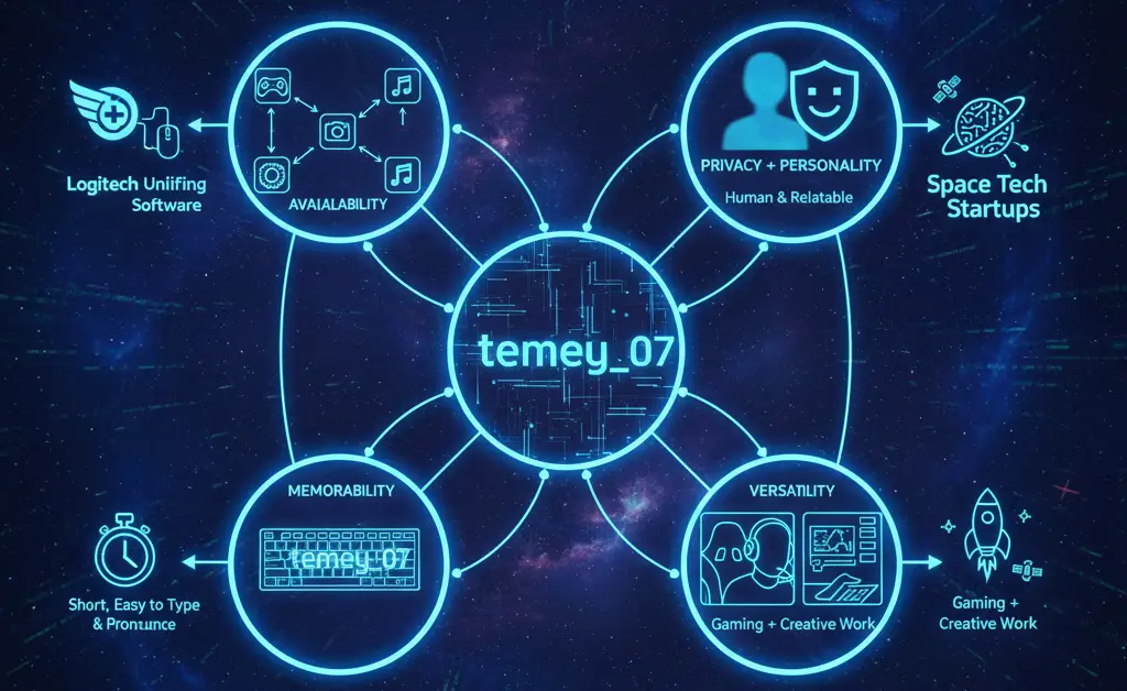 Discover the power of 'temey_07' as a strong digital identity. This visual guide explains its benefits: availability across platforms, privacy & personality, memorability for easy recall, and versatility for gaming, social media, and creative work. See how it integrates with tech like Logitech Unifying Software and Space Tech Startups.