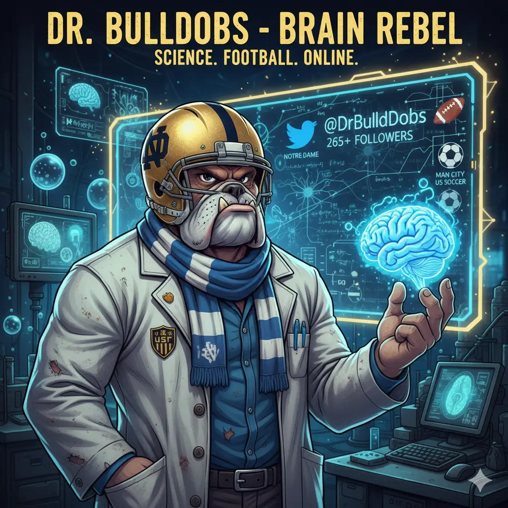 Dr. Bull Dobbs: The ultimate science rebel. See the bulldog doctor wearing a football helmet while explaining the brain and posting on X.