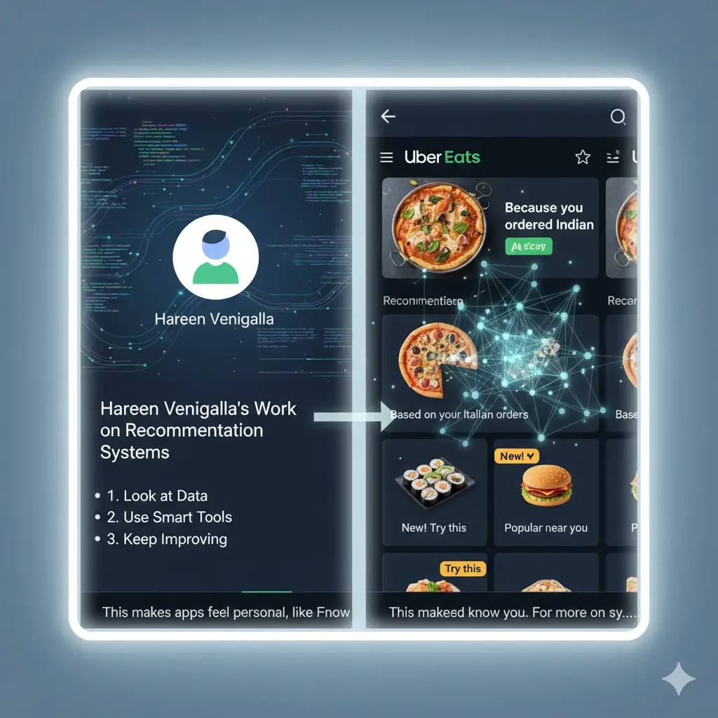 Hareen Venigalla's system at Uber Eats. Data, smart tools, and continuous improvement create personalized food recommendations.