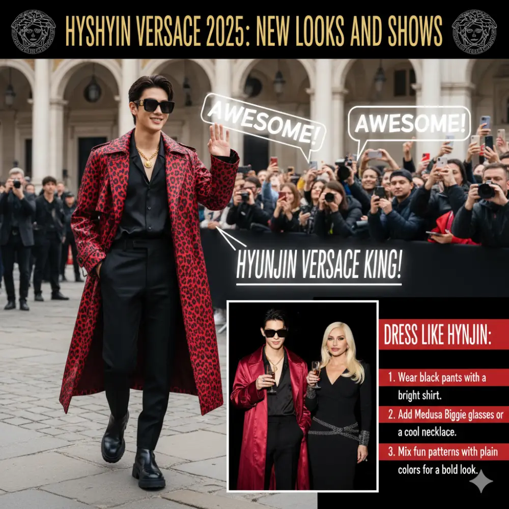 Discover Hyunjin's captivating new looks at Versace 2025! Explore his Milan Fashion Week Spring-Summer 2026 outfit, featuring a red leopard jacket and Medusa Biggie sunglasses. Get tips to emulate his luxurious K-pop style. #Hyunjin #Versace #Fashion #Kpop