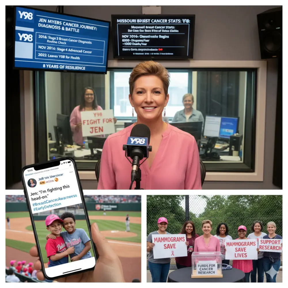 A collage of images depicting Jen Myers' journey with breast cancer and her advocacy. The top image shows Jen Myers, a woman with short blonde hair, wearing a pink shirt and sitting at a radio microphone with a Y98 logo. Behind her, two women are visible through a window, one holding a sign that says 'Y98 FIGHT FOR JEN'. On screens in the background, text details 'JEN MYERS CANCER JOURNEY: DIAGNOSIS & BATTLE' and 'MISSOURI BREAST CANCER STATS'. The bottom left image is a close-up of a hand holding a smartphone displaying a social media post from 'Y98 Hot AC' with Jen Myers' quote 'I'm fighting this head-on' and hashtags #BreastCancerAwareness #EarlyDetection, overlaid on a background of a baseball game where two children in baseball caps are hugging. The bottom right image shows Jen Myers with a group of diverse women, all wearing pink shirts and some holding signs that say 'MAMMOGRAMS SAVE LIVES' and 'SUPPORT RESEARCH'. A collection box labeled 'FUNDS FOR CANCER RESEARCH' is on a table in front of them.