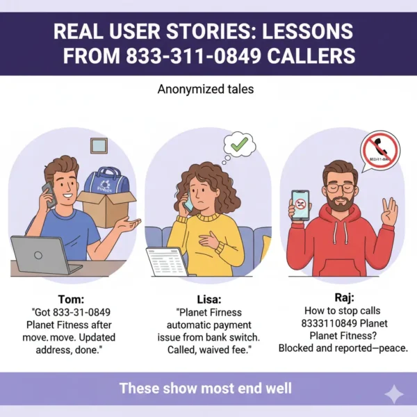 Real Planet Fitness caller stories about the number 833-311-0849. See how Tom updated his address, Lisa resolved a payment issue, and Raj stopped unwanted calls. Learn from anonymized experiences.