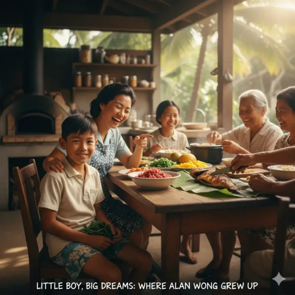 A heartwarming scene of a family gathered around a wooden table in an open-air Hawaiian kitchen (lanai). Alan Wong is depicted as a young boy, smiling and holding green vegetables (a nod to his spinach aversion), sitting next to his laughing mother. The table is laden with fresh, colorful Hawaiian ingredients, including a whole cooked fish on a banana leaf, poke, rice, and mangoes. His sister, grandmother, and grandfather are also present, preparing and enjoying the meal, illustrating the "kitchen full of love" and the foundation of his culinary appreciation in Honolulu.