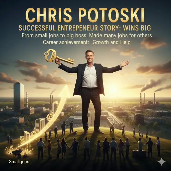 Chris Potoski stands atop a glowing arrow of success, holding the key to achievement over a thriving city. This image captures his journey of growth, help, and building an empire.