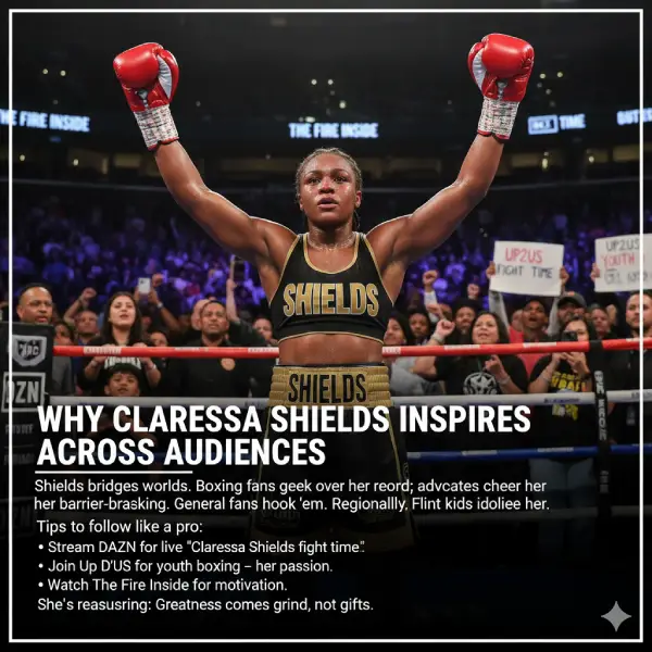 Claressa Shields, GWOAT. Undefeated champion inspires boxing fans, advocates, and youth. Get tips to follow her journey: watch The Fire Inside, stream fights on DAZN, and join Up2Us for youth boxing.