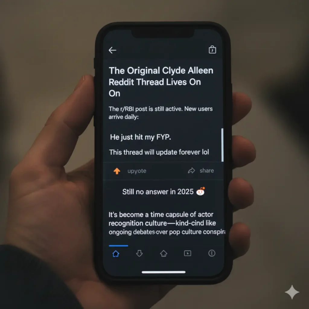 The screen shows the title "The Original Clyde Allen Green Reddit Thread Lives On" and highlights the ongoing nature of the mystery with quotes like "He just hit my FYP," "This thread will update forever lol," and "Still no answer in 2025." The image captures the modern intersection of internet culture, a persistent pop culture mystery, and the online detective work of the r/RBI subreddit.