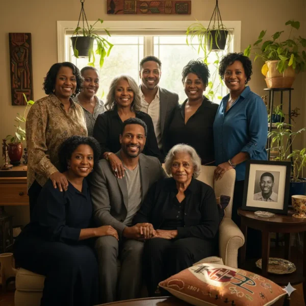 A warm family portrait featuring DeVon Franklin surrounded by his mother, grandmother, and seven aunts. This image visually represents the strong, loving, and supportive family structure that helped raise him after his father's early passing.