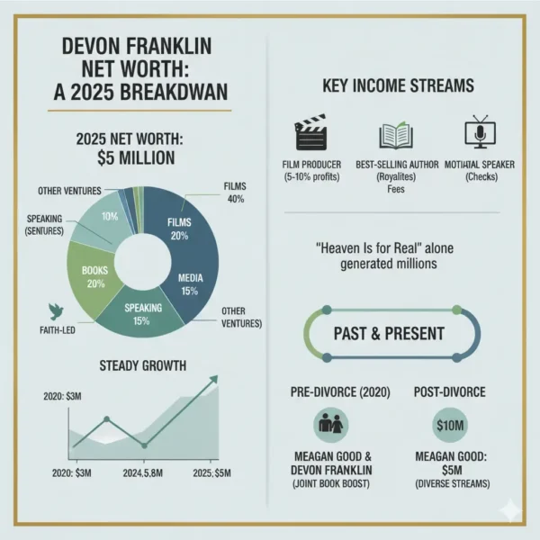 A custom infographic detailing Devon Franklin's Net Worth Breakdown for 2025 (estimated at $5 Million), showing a pie chart of his diverse income streams (Films, Books, Speaking, Media), a line graph illustrating his steady growth from $3M in 2020 to $5M in 2025, and a summary of his key ventures, including producer profits and past net worth comparison with Meagan Good.