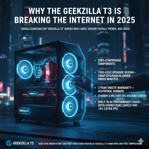 Discover the Geekzilla T3, the PC breaking the internet in 2025. Featuring zero-compromise components, tool-less upgrades, and a built-in AI performance coach for up to 18% extra FPS. See why searches have surged 683%!