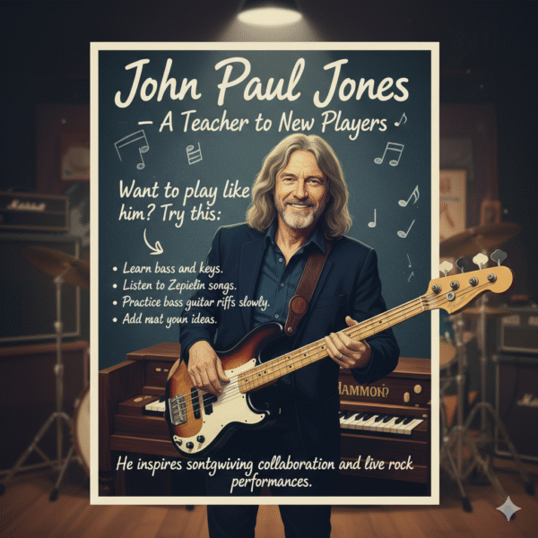 Vintage-style instructional poster featuring a smiling John Paul Jones (Led Zeppelin bassist/keyboardist) holding a bass guitar in front of a Hammond organ. The poster encourages new players with tips: "Learn bass and keys," "Listen to Zeppelin songs," "Practice bass guitar riffs slowly," and "Add your own ideas," highlighting his role as an inspiration for songwriting collaboration and live rock performances.