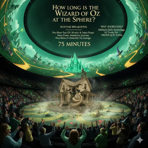 Experience Oz like never before! Get the runtime breakdown for The Wizard of Oz at The Sphere, Las Vegas. The immersive main event is 75 minutes, plus pre-show fun and post-show lounge. Discover why this short, AI-enhanced version is a must-see on the 160,000 sq ft screen.