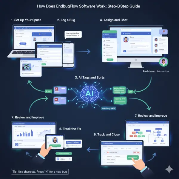 Endbugflow: See the 7-step software workflow—from bug discovery to fix and team learning. This visual guide illustrates how the system works in real life: Set Up, Log a Bug (auto-grab info), AI Tags and Sorts (automatic priority/routing), Assign & Chat, Track the Fix, Test & Close, and Review & Improve with analytics. Learn how automated reporting and AI collaboration streamline bug fixing for development teams.