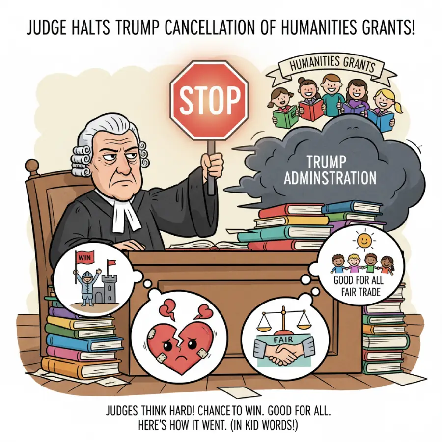 Federal Judge blocks the Trump administration's cancellation of crucial humanities grants to authors and scholars. Learn how the judge applied the four key legal standards—chance to win, irreparable harm, public interest, and balance of hardships—explained here in simple, kid-friendly terms.
