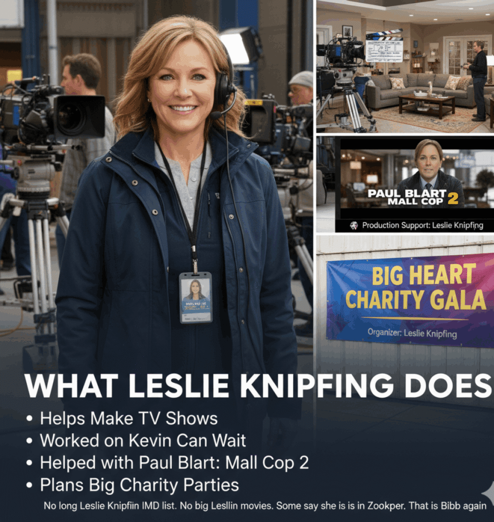 See how Leslie Knipfing contributes to Hollywood! This image highlights her work in TV production on shows like Kevin Can Wait and films such as Paul Blart: Mall Cop 2, as well as her role in organizing big charity galas. Discover the professional life of the often-mistaken Knipfing, who focuses on production support and philanthropy rather than acting.