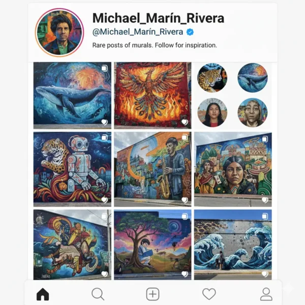 A simulated Instagram profile for artist Michael Marín Rivera (@Michael_Marín_Rivera) featuring a profile picture and a grid of nine vibrant, detailed public murals. The profile bio reads: "Rare posts of murals. Follow for inspiration." The murals depict diverse subjects including a blue whale in a cosmic ocean, a phoenix engulfed in flames, a jaguar with a robot, figures playing a saxophone, Indigenous portraits, and a stylized Great Wave. The image showcases the artist's focus on large-scale, colorful street art.