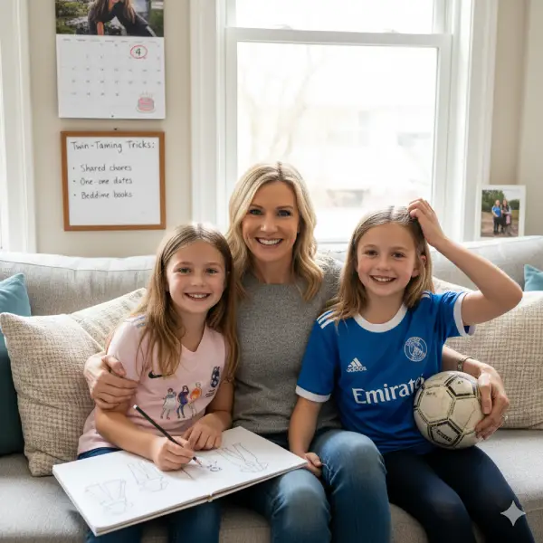 A warm, candid portrait of Noelle Watters sitting on a comfortable gray sofa between her twin daughters, Sophie and Ellie Watters. Noelle, smiling directly at the camera, has her arms around both girls. The girl on the left (Sophie) is holding a sketchbook and pencil, drawing figures, while the girl on the right (Ellie) is wearing a blue soccer jersey and holding a deflated soccer ball. A whiteboard behind them lists "Twin-Taming Tricks," including "Shared chores," "One-on-one dates," and "Bedtime books." This image captures a moment of family love and co-parenting balance in a bright, casual living room setting.