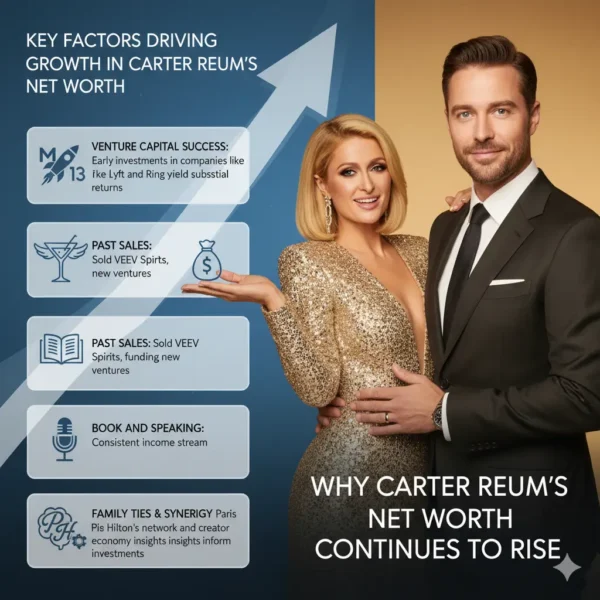 Discover the key factors driving the growth of Carter Reum's net worth! From the massive returns of his M13 Venture Capital firm (investing in winners like Lyft and Ring) and the successful sale of VEEV Spirits, to his steady income from books and speaking, and the synergistic boost from his marriage to Paris Hilton—learn how this entrepreneur builds wealth.