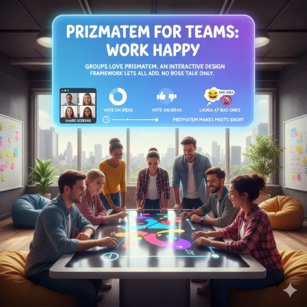 Work Happy in a modern, collaborative office. Diverse team members gather around an interactive table, symbolizing the design framework where all can contribute. Key features like screen sharing, voting on ideas, and quick meetings are highlighted in a bright, engaging overlay.