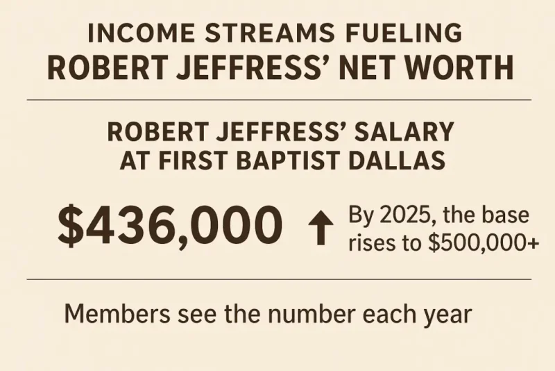 Infographic illustrating the income streams contributing to Robert Jeffress’ net worth, focusing on his salary at First Baptist Dallas — showing an increase from $436,000 in 2020 to over $500,000 by 2025, with annual transparency for church members.