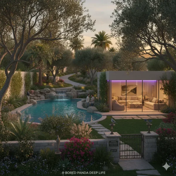 A serene, private garden estate in California at dusk. The image features a lush, mature landscape with large olive trees, a secluded swimming pool fed by a natural rock waterfall, and a modern, glass-walled pool house illuminated with soft, calming lavender light. A private gate and stone wall ensure security. This depiction suggests a peaceful, high-end, therapeutic environment with a focus on privacy and nature.