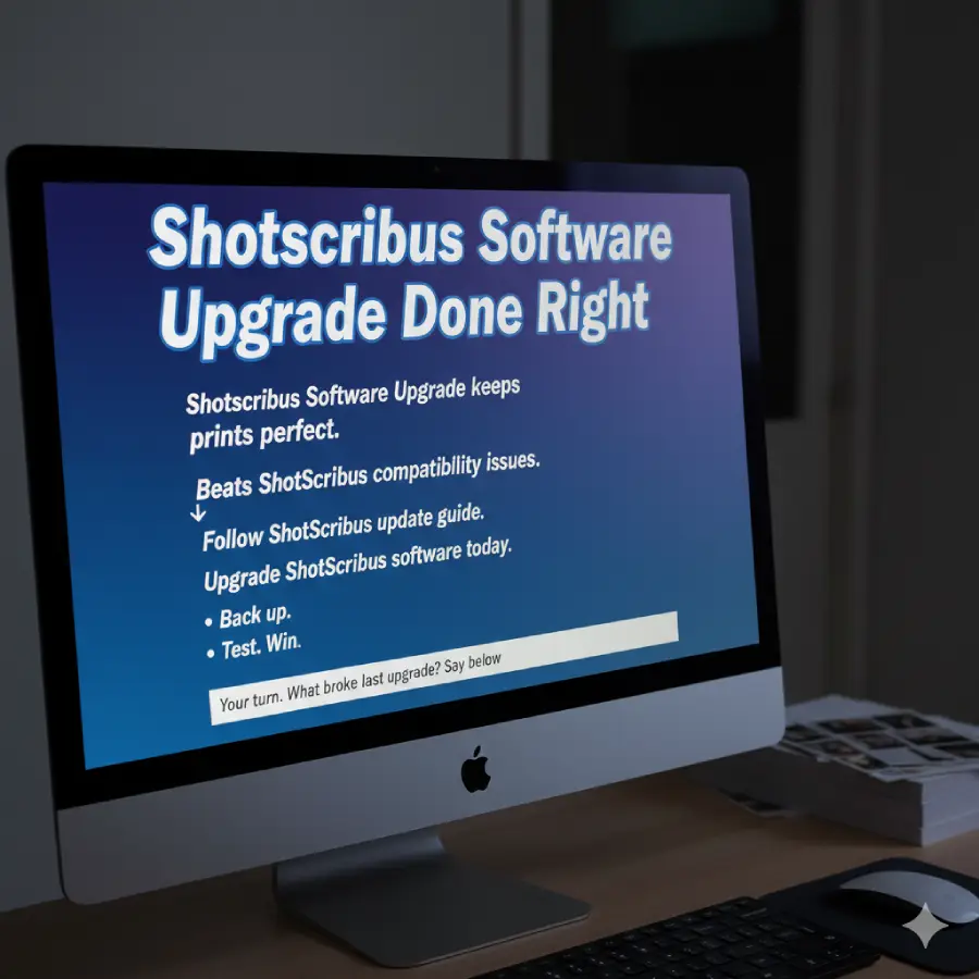 A dark, close-up shot of an Apple iMac desktop computer monitor displaying a software upgrade advertisement for "Shotscribus Software Upgrade Done Right." The screen features a blue and purple gradient background with bold white text emphasizing that the upgrade "keeps prints perfect," "beats ShotScribus compatibility issues," and urges the user to "Back up. Test. Win." A prompt at the bottom asks, "Your turn. What broke last upgrade? Say below." The computer sits on a desk in a dimly lit room next to a stack of printed photos.
