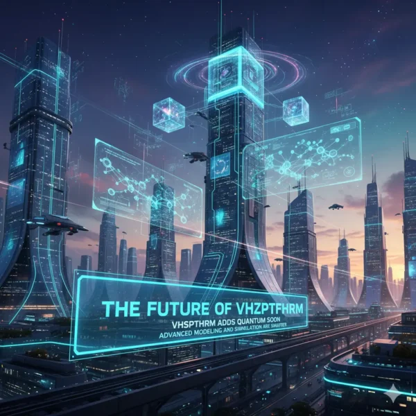 The city is bathed in neon blues and whites, suggesting high technology and a digital future.