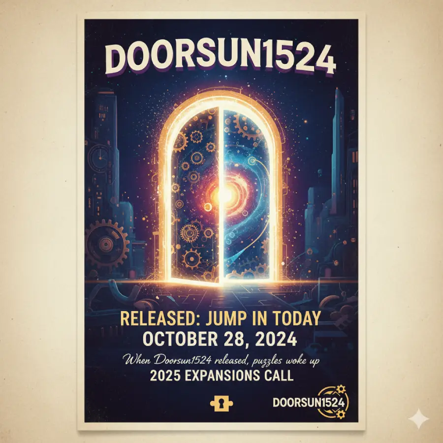 A striking, retro-futuristic poster advertises the game Doorsun1524, featuring a glowing, enigmatic archway filled with gears and starlight, set against a dark, mechanical cityscape. The text announces the official release date: October 28, 2024, and encourages players to "Jump In Today." It includes thematic lines like "When Doorsun1524 released, puzzles woke up" and hints at "2025 Expansions."