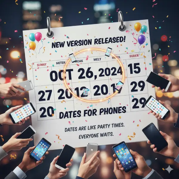 An exciting image showing a large calendar marking "OCT 26, 2024" as the "NEW VERSION RELEASED!" date for phones. Multiple hands hold various smartphones around the calendar, emphasizing that these release dates are like "party times" everyone anticipates.