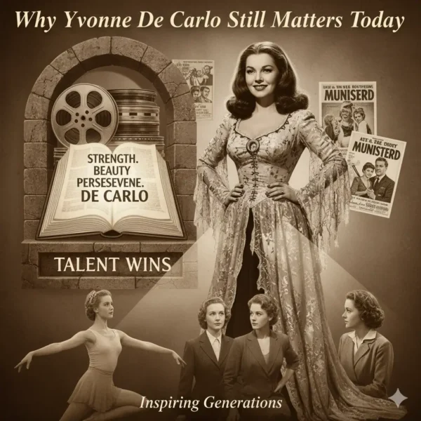 Yvonne De Carlo: Strength, Beauty, & Lily Munster. A sepia-toned image celebrating De Carlo's impactful career, featuring her as Lily Munster alongside other iconic roles. Discover why this inspiring actor who embodied talent and perseverance still matters to young actors today.
