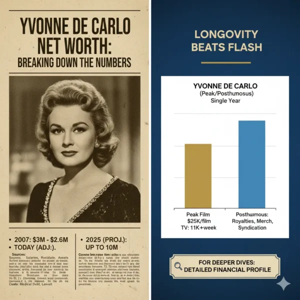 Yvonne De Carlo Net Worth: Breaking down the finances of The Munsters star, from her $2.6M estate in 2007 to $10M projected by 2025, thanks to ongoing residuals.