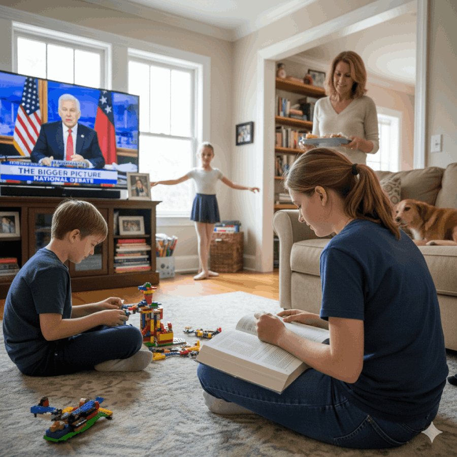 Carlson family: Dad debates on TV; kids live normally. Mom (Susan Andrews) supports, ensuring balance between public life and a grounded childhood.