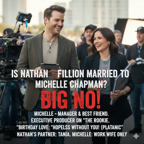 A promotional-style image clarifying the relationship between actor Nathan Fillion and his manager/executive producer, Michelle Chapman. The image features a photo of the two laughing on a set with large text saying "BIG NO!" to the question of marriage, explaining that Michelle is his best friend/manager and that his current partner is Tania.