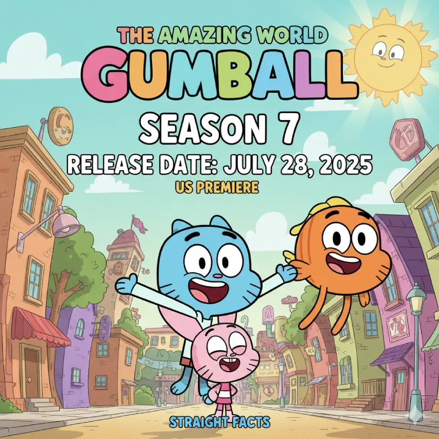 The Amazing World of Gumball Season 7 release date announced! See Gumball, Darwin, and Anais with the confirmed US premiere date: July 28, 2025. Straight Facts.