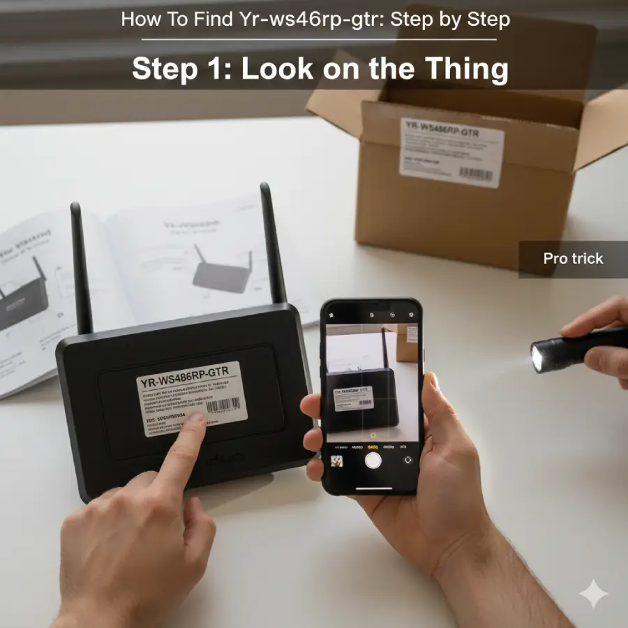 Step-by-step instructions for locating the YR-WS486RP-GTR model code. Learn to check the device, packaging, and use your phone camera to capture the product label.