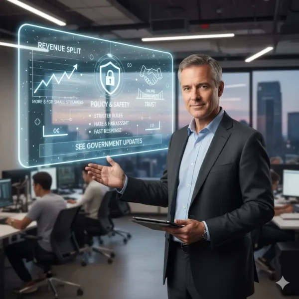 Twitch CEO Dan Clancy is shown presenting a futuristic, holographic dashboard detailing his key platform initiatives: a graph showing the revenue split favoring small streamers, stricter policy & safety rules against hate and harassment, and the goal of increasing online community trust. This visual summarizes Clancy's efforts to reform Twitch's monetization and safety standards.